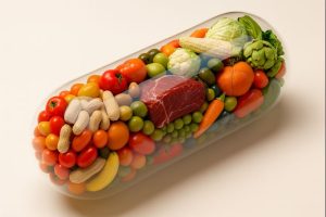 Dodaci prehrani u prozirnoj kapsuli ispunjenoj povrćem, voćem, orasima i komadom mesa na svijetloj podlozi.