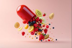 Dodaci prehrani u crvenoj kapsuli iz koje ispada svježe voće.
