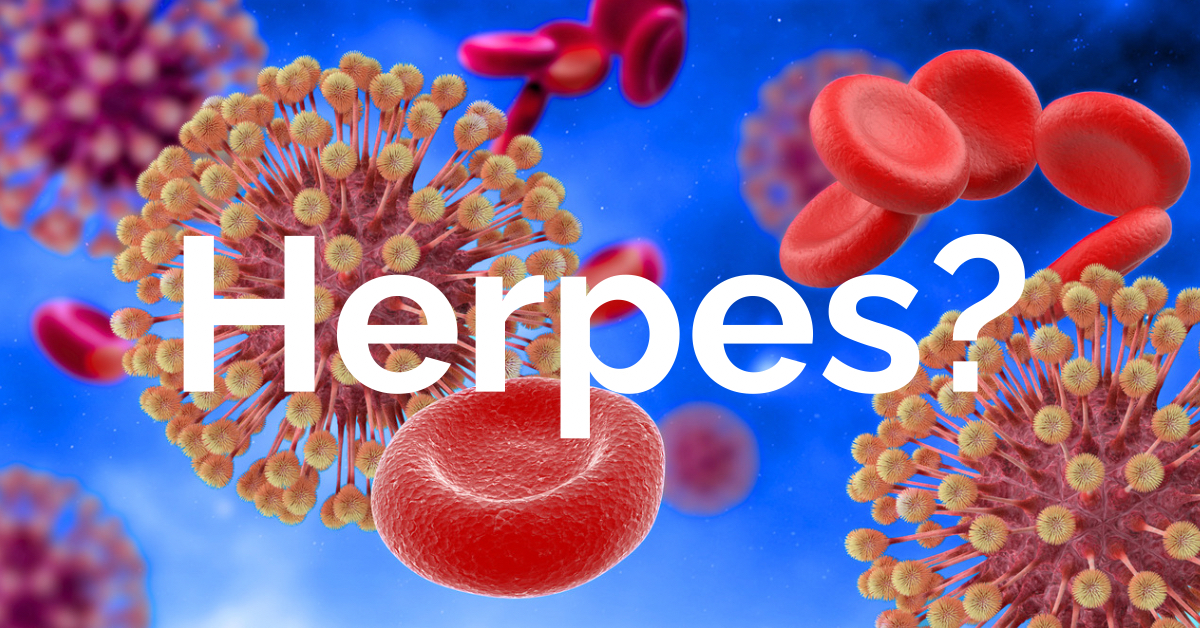 Virus herpes simpleksa s crvenim krvnim zrncima na plavoj pozadini s istaknutim tekstom 'Herpes?'.